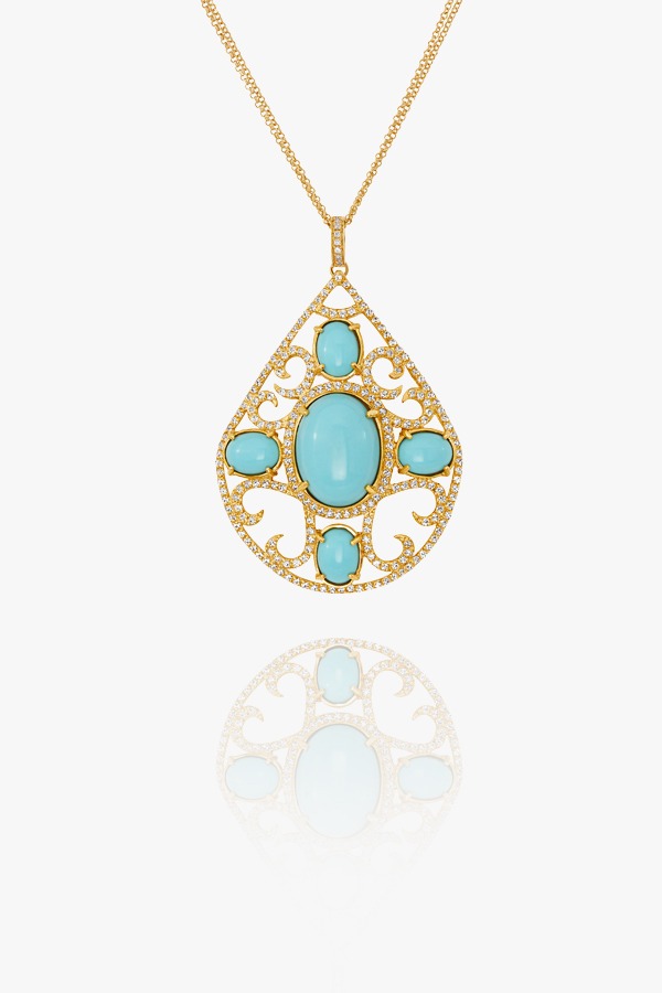 18K gold necklace set with zirconium and turquoise.