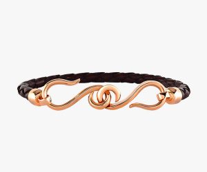 Bracelet-in-gold-rose-18-K,-leather-woven-and-close-clasp-